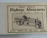 Jordan Products Highway Miniatures HO Model R.R. Scale Ahrens-Fox Fire T... - $39.99