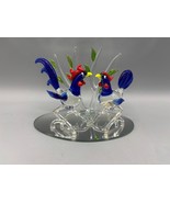Hand Blown Glass Rooster Figurines Mirror Base Colorful Display - $24.28