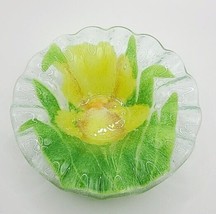 Sydenstricker Yellow orchid Flower Fused Art Glass Ruffled Edge Nut Bowl 6.75&quot; - £12.58 GBP