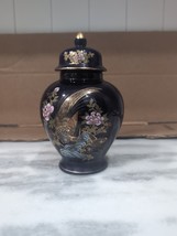 Dark Blue Japan Porcelain Ginger Jar with Bird Design Gold Trim, Vintage... - $14.85