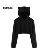 Chic Solid Black Crop Tops Hoodie for Women Cute Cat Ear Hood Cropped Pu... - £69.28 GBP