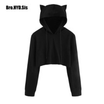Chic Solid Black Crop Tops Hoodie for Women Cute Cat Ear Hood Cropped Pullover H - £70.73 GBP