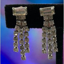 Faux Diamond Earrings Clip On  Rhinestone Fringe Dangle 1 Inch Prong Set... - £13.57 GBP