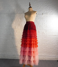 Red Tiered Tulle Skirt Outfit Women Plus Size Layered Tulle Maxi Skirt image 3