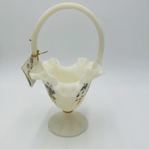 Fenton Basket Art Custard Glass Signed Ruffled Floral Butterfly Hand Pai... - $986.21 MXN