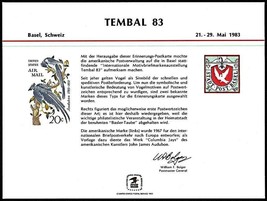 USPS PS44 Souvenir Card, Tembal83, US 20 cent Auboduban &amp; Swiss stamps 1983 - £3.94 GBP