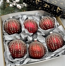 Set of 6 red Christmas glass balls, hand painted ornaments with gifted box - £55.70 GBP