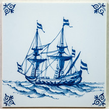 5-1/8&quot; Square Westraven Decorative Ceramic Tile Delft Blue Clipper Ship Holland - £3.99 GBP