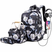 Backpack For Teen Girls , Black Floral Laptop Backpack With Lunch Box Pencil Cas - £37.95 GBP