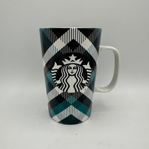 Starbucks 2015 Green White Tartan Plaid Tall 16 oz Coffee Mug Mermaid Logo - $14.52