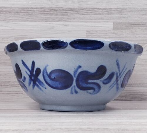 Primary image for Vintage Salt-Glazed Hand Painted Stoneware Pottery Bowl Gray & Cobalt Blue
