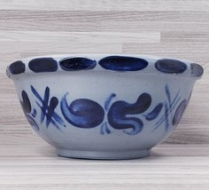 Vintage Salt-Glazed Hand Painted Stoneware Pottery Bowl Gray &amp; Cobalt Blue - £20.20 GBP