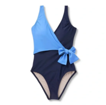 Kona Sol Women&#39;s Wrap Tie Colorblock Med Coverage One Piece Swimsuit Navy Blue L - £12.38 GBP