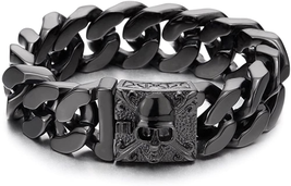 Stainless Steel Curb Chain Bracelet: Fleur De Lis and Skull Design - £36.85 GBP+