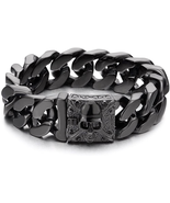 Stainless Steel Curb Chain Bracelet: Fleur De Lis and Skull Design - £36.67 GBP+