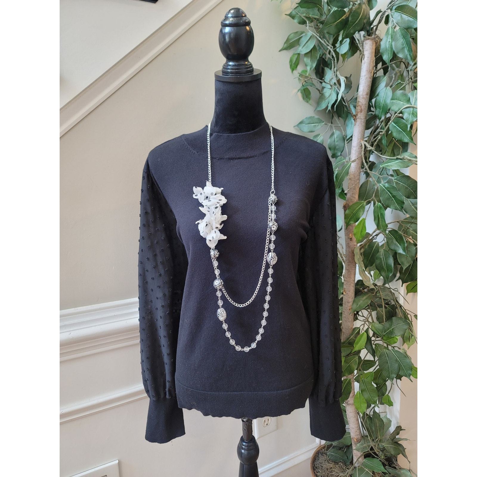 Vince Camuto Sweater Women's XXL Black Sheer Sleeve Textured Dot Knit Pullover Item image 2