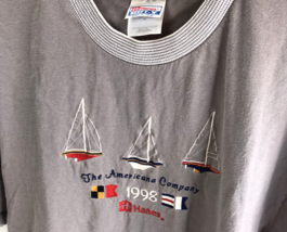 Vtg 90s Americana Co Hanes T Shirt Sailboats Embroidery XL Spellout nautical USA - £23.67 GBP