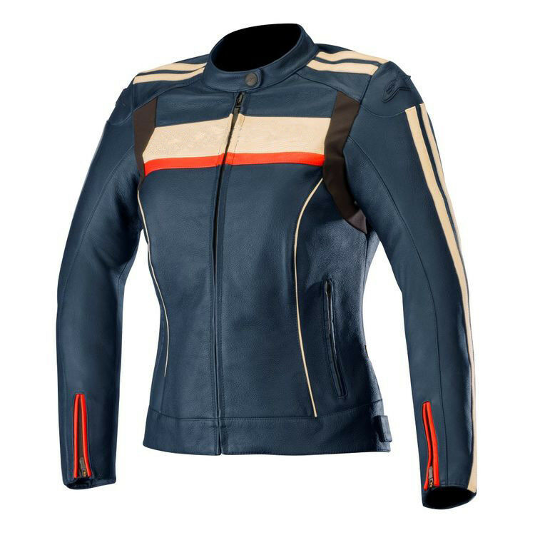 Women Blue Color Motor Bike Orange White Strip Genuine Leather Safety Pad jacket