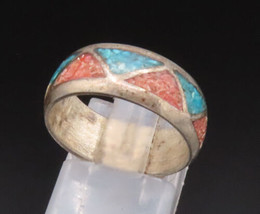 SOUTHWESTERN 925 Silver - Vintage Crushed Coral &amp; Turquoise Ring Sz 7 - ... - £41.39 GBP