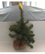 Vintage artificial small 22 inch Christmas tree in burlap bag base ribbo... - $27.70 CAD