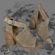 Marc Fisher Womens Taupe Suede Ankle Strap Peep Toe Block Heels Sandals Size 6.5 - £67.94 GBP