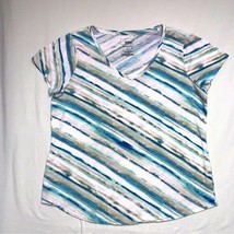 SONOMA The Everyday Tee Large Blue Diagonal Striped Short Sleeve V Neck Casual - £21.79 GBP