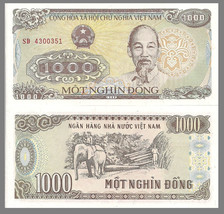 Viet Nam P-106a, 1000 Dong, Ho Chi Minh / logging with elepant, 1988 UNC - $1.55