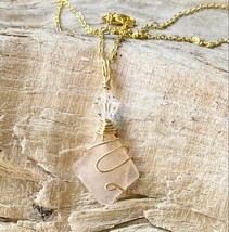 Women&#39;s Gold Wire Wrapped Pretty Rose PINK Sea Glass Necklace 20&quot; Beach ... - $16.80