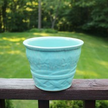 Vintage Mid Century Turquoise Aqua Blue Basket Weave Ceramic Pottery Planter - £40.18 GBP