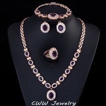4 Piece Luxury Light Yellow Gold Color Indian Wedding Party Jewelry Sets Purple  - £41.82 GBP