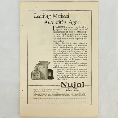 Vintage 1921 Nujol Hemorrhoids Piles Medicine Magazine Print Ad 8&quot; x 6&quot; - $6.62