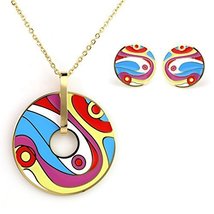 Gold Tone Jewelry Set, Necklace With Colorful Designed Pendant & Earrings - $27.99