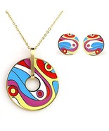 Gold Tone Jewelry Set, Necklace With Colorful Designed Pendant &amp; Earrings - €24,31 EUR