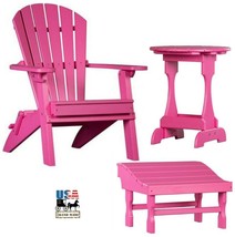 3pc 4 Season Adirondack Set - Pink Folding Chair Ottoman &amp; Candy Table Amish Usa - £656.28 GBP