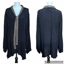 Ulla Popken NWT Rhinestone Tie Relaxed Fit Button Up Blouse Black Size 2... - $51.43