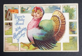 Thanksgiving Greetings Nash Postcard c1910s Embossed Turkey w/ Girls Face UNP - £28.69 GBP