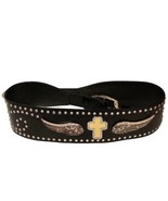 Angel Ranch Women&#39;s XL Wide Black Leather Belt w/Rhinestone Cross Wings ... - $58.41