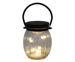 NEW Carved Glass LED Lantern w/ Star Lights, battery powered, black meta... - £10.12 GBP