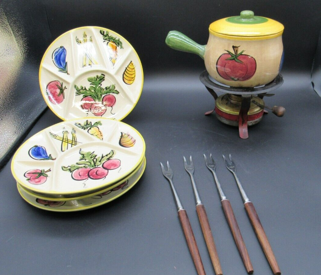 Primary image for Vtg MCM Pottery Fondue Set Divided Plates Hand painted Unique Set Of 4 Complete
