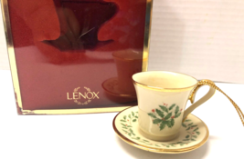 LENOX Cup &amp; Saucer Ornament Porcelain w/ Gold Trim Holly Christmas Holiday - £11.05 GBP