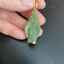 14K Solid Gold The Blessed Virgin Mary Carved Luminous Stone Pendant - £320.74 GBP
