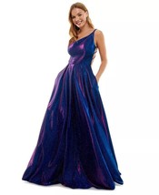 B DARLIN Juniors&#39; Strappy-Back Glitter-Finish Gown Sapphire/Fuschia Size... - $79.19