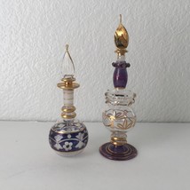 Lot of 2 Egyptian Mouth Blown Hand Etched Glass Vanity Perfume Bottles Gold Gilt - £35.38 GBP