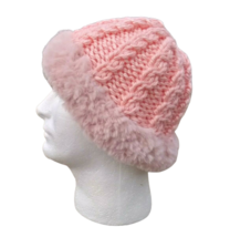 Women&#39;s Chique Fur Cabled Beanie Hat Handmade Knit ML Pink Vegan Faux - £28.46 GBP
