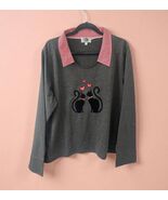 C&amp;K Designs Cat Heart Sweater Long Sleeve red Gingham Collar Gray SIZE XL - $400.12 MXN