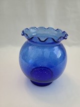 Vintage Vase Cobalt Blue Round Ruffled Rim Hand Blown Glass Control Bubbles 5.5” - £12.55 GBP