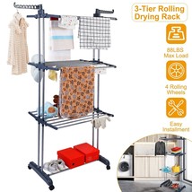 3 Tier Clothes Drying Rack Laundry Organizer Folding Rolling Dryer Hanger Stand - £64.54 GBP