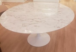 60&quot; Round Tulip Dining Table White Artificial Marble Top Lacquered Metal Base - £916.24 GBP
