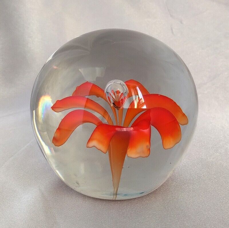 Vintage Clear Art Glass Orange Flower Paperweight Ball - $17.15