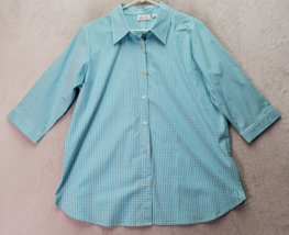 Denim &amp; Co. Shirt Women Large Blue Gingham Check 3/4 Sleeve Collared Button Down - $16.66